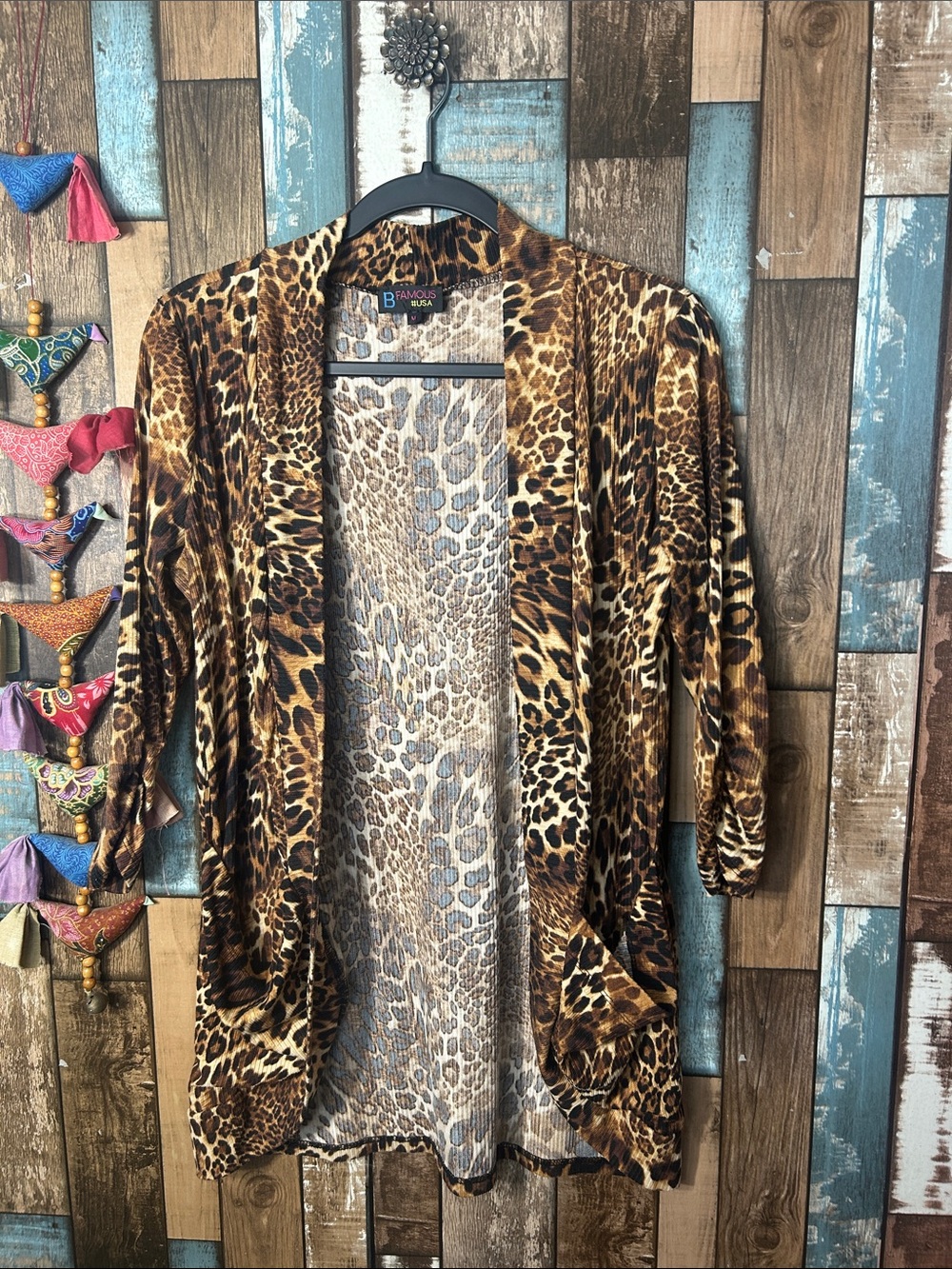 B Famous Leopard-Print Open-Front Cardigan in Brown and Tan